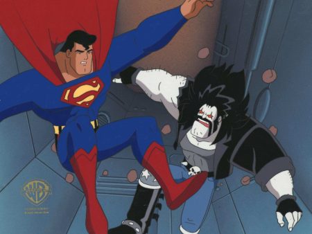 Superman the Animated Series Original Production Cel on Original Background: Superman and Lobo For Sale