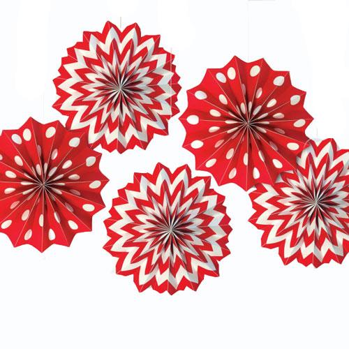 Apple Red Dots & Chevron Printed Paper Fan 8in 5pcs Sale