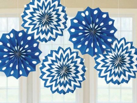 Bright Royal Blue Dots & Chevron Printed Paper Fan 8in 5pcs Sale