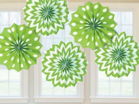 Kiwi Green Dots & Chevron Printed Paper Fan 8in 5pcs For Sale