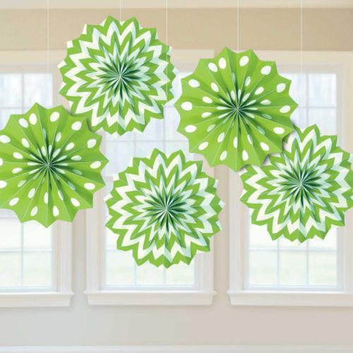 Kiwi Green Dots & Chevron Printed Paper Fan 8in 5pcs For Sale